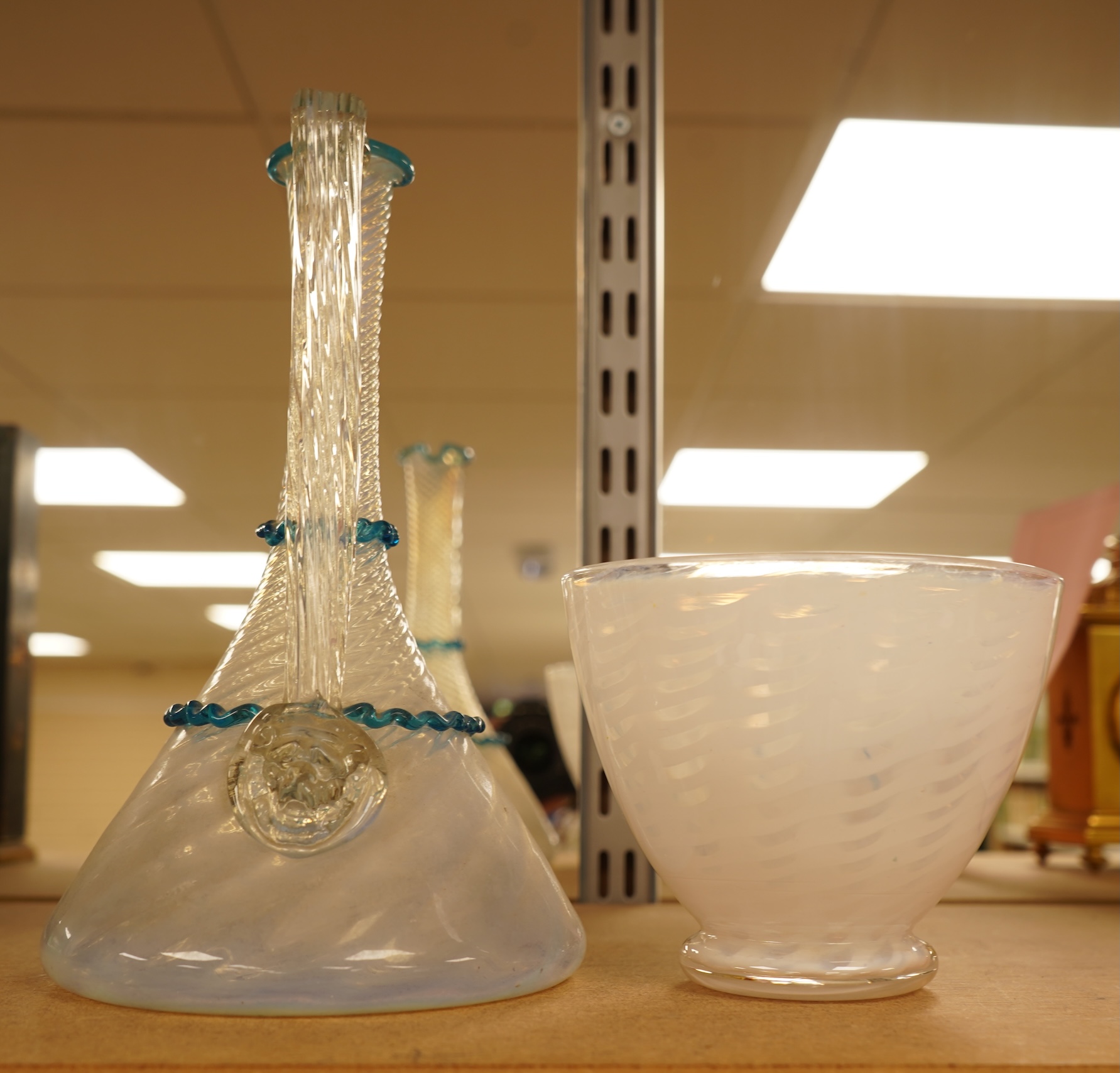An opalescent white threaded glass bowl by William Butler for James Powell, together with Murano glass jug- 21.5cm high.
